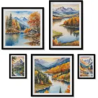 Wallfluent 5-Delige Schilderij Set - Berglandschappen Met Rivieren En Herfstbomen - 50 x 50 cm, 20 x 30 cm En 40 x 60 cm - Moderne Wanddecoratie - Slaapkamer