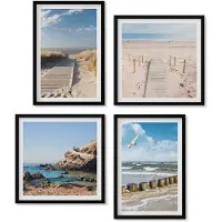 Wallfluent 4-Delige Schilderij Set - Strand Met Zand, Golven, Lucht En Vogels In De Lucht. - 40 x 40 cm En 40 x 60 cm - Muurdecoratie - Schilderijen Set - Woonkamer - Wanddecoratie