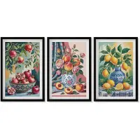 Wallfluent 4-Delige Schilderij Set - Geschilderde bloemen en fruit in vazen - 40 x 60 cm - Wanddecoratie - Moderne Interieurdecoratie - Decoratieve Schilderijen