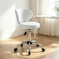 HAUSS SPOLE Rollenhocker Met Rugleuning - 360° Draaibaar En In Hoogte Verstelbaar - Voor Kantoor En Thuis - Kunstleer - Wit Zilver