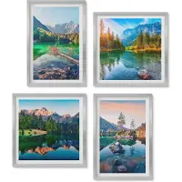 Wallfluent 4-Delige Schilderij Set - Bergmeren Met Water En Omringende Natuurlandschappen - 40 x 40 cm En 40 x 60 cm - Moderne Wanddecoratie - Woonkamer - Muurdecoratie