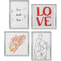 Wallfluent 4-Delige Schilderij Set - Familie-Illustraties, Huisinscripties, Over Leven En Liefde. - 40 x 40 cm En 40 x 60 cm - Wanddecoratie - Muurdecoratie - Woonkamer