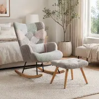 HAUSS SPOLE Schommelstoel - Fauteuil Met Hocker En Lendekussen - Veel¬kleurig Gestoffeerd - Voor Woonkamer, Slaapkamer En Terras - Houten Onderstel