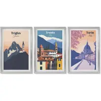 Wallfluent 4-Delige Schilderij Set - Bergen en architectuur, retro, kleurrijke illustraties - 40 x 60 cm - Wanddecoratie - Muurdecoratie - Moderne Interieurdecoratie - Woonkamer Decoratie