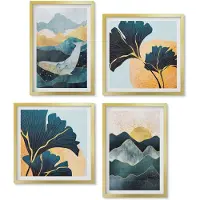 Wallfluent 4-Delige Schilderij Set - Abstracte esthetische vergezichten met bergen en planten - 40 x 40 cm en 40 x 60 cm - Muurdecoratie - Schilderijen Set - Woonkamer - Woonkamer Decoratie