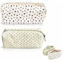VHV - Etui - Grote pennenzak - Bloemenprint - Esthetische - 20x7x8 cm - Set van 2 - Voor Meisjes - Schoolspullen - Cyaan,donkerblauw