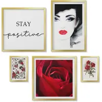 Wallfluent 5-Delige Schilderij Set - Vrouwenportretten En Vintage Bloemen - 50 x 50 cm, 20 x 30 cm En 40 x 60 cm - Wanddecoratie - Schilderijen Set - Kantoor - Moderne Wanddecoratie