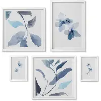 Wallfluent 5-Delige Schilderij Set - Stijlvolle Aquarelbloemen En -Bladeren In Blauwe Tinten - 50 x 50 cm, 20 x 30 cm En 40 x 60 cm - Muurdecoratie - Wanddecoratie - Hal - Moderne Wanddecoratie