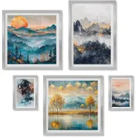 Wallfluent 5-Delige Schilderij Set - Rustig Zand En Kabbelend Water Met Kiezels Op Het Strand. - 20 x 30 cm - Wanddecoratie - Schilderijen Set - Kantoor - Decoratieve Schilderijen