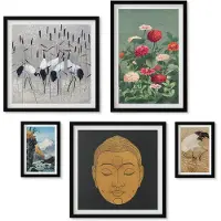 Wallfluent 5-Delige Schilderij Set - Aziatische Landschappen Met Bloemen En Boeddhistische Symboliek - 50 x 50 cm, 20 x 30 cm En 40 x 60 cm - Muurdecoratie - Interieur Decoratie