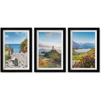 Wallfluent 3-Delige Schilderij Set - Uitzicht Op De Vuurtoren, Het Strand, De Bergen En De Bloemen. - 20 x 30 cm - Muurdecoratie - Interieur Decoratie