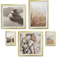 Wallfluent 5-Delige Schilderij Set - Inspiratie Van De Zee Met Schelpen En Strandzand - 50 x 50 cm, 20 x 30 cm En 40 x 60 cm - Muurdecoratie - Interieur Decoratie - Moderne Wanddecoratie