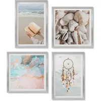 Wallfluent 4-Delige Schilderij Set - Een leesboek met zeeschelpen en een boho-dromenvanger - 40 x 40 cm en 40 x 60 cm - Decoratieve Schilderijen - Woonkamer - Interieur - Interieur Decoratie