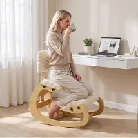 OKWISH Bureaustoel – Ergonomische Kniestuhl met Rugleuning – Met Brede Knie- En Rugsteun Voor Thuis, Kantoor En Meditatie – Ribstof – Cream White