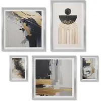 Wallfluent 5-Delige Schilderij Set - Stijlvolle Afbeeldingen Met Abstracte Vormen En Planten. - 20 x 30 cm - Moderne Wanddecoratie - Woonkamer - Muurdecoratie