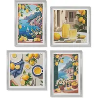 Wallfluent 4-Delige Schilderij Set - Zeezichtraam Met Italiaanse Citroenen - 40 x 40 cm En 40 x 60 cm - Muurdecoratie - Interieur Decoratie - Decoratieve Schilderijen