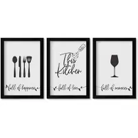 Wallfluent 3-Delige Schilderij Set - Patronen Met Opschriften Voor Keukengerei - 20 x 30 cm - Muurdecoratie - Wanddecoratie - Hal