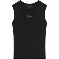 GUESS Dames Zwarte top met logo van strass-steentjes (S), Casual, Modaal, Mouwloos / spaghettibandjes W6YP17K3881