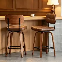 HAUSS SPOLE Barkruk - Draaibare Barkruk Met Gebogen Houten Rugleuning En Metalen Frame - Set Van 2 - Voor Keuken Eiland En Bar - Walnut Brown