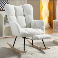 HAUSS SPOLE Witte Schommelstoel - Teddy Fauteuil Met Opklapbare Voetensteun En Hoge Rugleuning - Voor Woonkamer, Slaapkamer En Kantoor - Stof - Wit