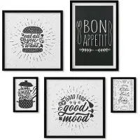Wallfluent 5-Delige Schilderij Set - Keukeninspiratie Met Slogans Over Eten En Koken - 50 x 50 cm, 20 x 30 cm En 40 x 60 cm - Wanddecoratie - Schilderijen Set - Interieur - Decoratieve Schilderijen