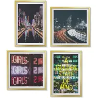 Wallfluent 4-Delige Schilderij Set - Neonreclames Van De Stad 'S Nachts Stadsgezichten - 40 x 40 cm En 40 x 60 cm - Wanddecoratie - Muurdecoratie - Moderne Interieurdecoratie - Moderne Wanddecoratie