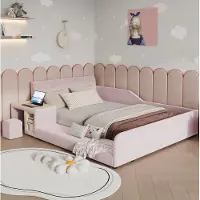 OKWISH Kinderbed 140x200 cm - Met Bureau En Hocker - Gestoffeerd Eenpersoonsbed Met Opbergbodem - Zonder Matras - Fluweel - Roze