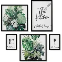 Wallfluent 5-Delige Schilderij Set - Keukeninspiratie Met Planten En Positieve Slogans - 50 x 50 cm, 20 x 30 cm En 40 x 60 cm - Schilderijen Set - Wanddecoratie - Woonkamer - Decoratieve Schilderijen