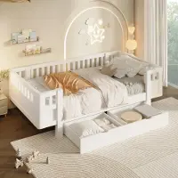 OKWISH Kinderbed 90x200 cm - Hoog Veiligheidshek - Platformbed Met 2 Lades - Zonder Matras - Voor Kinderkamer - Hout En MDF - Wit