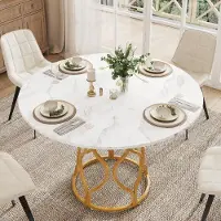 STILVORA Eettafel - Ronde Tafel Met Opbergplank In Marmerlook - Voor Keuken En Eethoek - MDF En Metaal - 100x100x75 Cm - Wit;Goud
