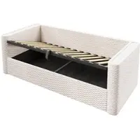 STILVORA gestoffeerd bed 90 x 200 cm, slaapbank met hydraulische opbergruimte, dagbed met LED-lichtbalk, lattenbodem, fluweel, beige