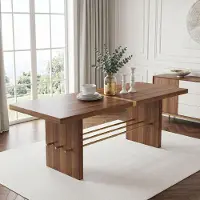 OKWISH Eettafel - Water- En Krasbestendig - Voor Eetkamer En Woonkamer - 180 x 75 x 75 cm - 6-8 Personen - MDF Walnoot En Goud