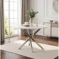 STILVORA eettafel met ronde tafelblad in marmerlook, salontafel met verchroomde zilveren poten, bijzettafeltje in moderne stijl, wit + zilver
