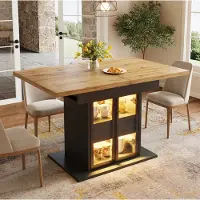 STILVORA uitschuifbare eettafel met opbergruimte en RGB-LED-verlichting, keukentafel met glazen schuifdeuren, zwarte eethoektafel met verborgen drukknopen