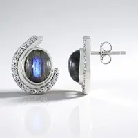 Cavill - Zilveren Oorbellen - 925 Sterling Zilver Gerhodineerd - Blauwe Labradoriet 5,4 Ct - Cambodjaanse Zirkoon 0,61 Ct - Elegante Luxe Oorbellen
