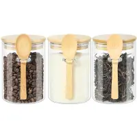 Famanu – Glazen voorraadpotten met deksels en lepels, set van 3 stuks, luchtdichte potten voor thee, koffie, suiker en kruiden, 600 ml