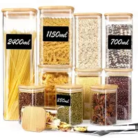 Famanu – Glazen voorraadpotten met deksel, vierkant, set van 11, 2400 ml/1150 ml/700 ml/280 ml, ideaal voor kruiden en specerijen