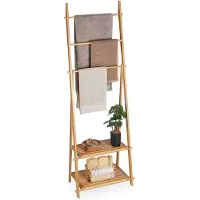 Famanu – Handdoekenrek van bamboe, 3 stangen, handdoekhouder met 2 planken, afmetingen 153 x 53,5 x 30 cm, badkamerrek in natuurlijke kleur