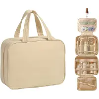 Famanu – Hangende toilettas voor dames, draagbare waszak voor reisformaat essentials met haak, beige, één maat, ideaal voor toiletartikelen en cosmetica