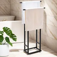 Famanu – Vrijstaand handdoekenrek, zwart, zonder boren, ideaal voor badkamer, woonkamer en keuken, handdoekhouder voor decoratieve opberging