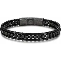 Frank 1967 7FB-0879 Heren Leren Armband – Zwarte Agaat – Vintage – 21 cm