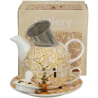 Duo Merkloos Theepot met Kop en Schotel, 350ml, "Tree of Life" Ecru