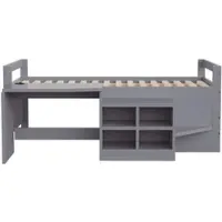 STILVORA Kinderbed 90x200 cm – Bed Met Bureau En Oplaadpunten – Ingebouwde Opbergkasten – Met Opstap Voor Slaapkamer – Houtlook – Zonder Matras – Grijs