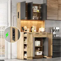 OKWISH Keukenkast – Hoge Kast Met LED En Stopcontact – 100 x 40 x 180 cm – 4 Laden En 4 Open Vakken – MDF Zwart/Naturel