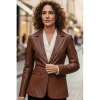 Infinity Leather Dames beige Italiaanse leren blazerjas - Eclipse