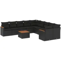 vidaXL 11-delige tuinmeubelset met kussens, zwart, polyrotan