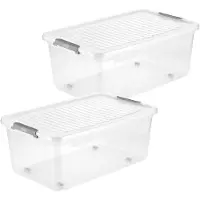 Keeeper 2x Leo -opslagcontainers met deksel, inhoud 37 liter, transparant, met wielen. Deksel met clipsluiting