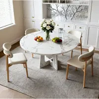 MODFU Set Tafel En Stoelen-4 Stoelen-Witte Marmerlook-Modern