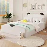 OKWISH Tweepersoons Bed 140x200 Cm Zonder Matras Gevuld Hoofdeinde Met Beren Design Met Twee Sierkussens Kinderkamer Wit