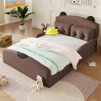 OKWISH Kinder Bed 140 x 200 Cm - Beren Hoofdbord Met Zachte Bekleding - Platformbed Met 2 Sierkussens - Stof - Coffee - Zonder Matras